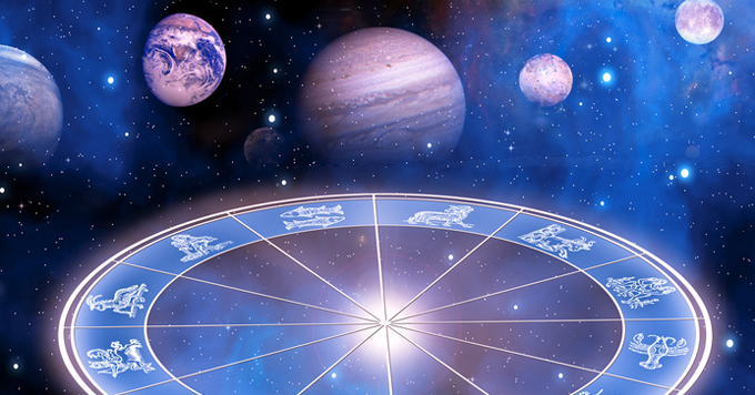 zodiac sigsn and planets over starry Universe like a concept of astrology and planets