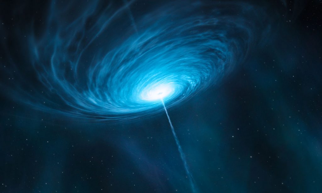 This is an artist’s impression of the quasar 3C 279. Astronomers connected the Atacama Pathfinder Experiment (APEX), in Chile, to the Submillimeter Array (SMA) in Hawaii, USA, and the Submillimeter Telescope (SMT) in Arizona, USA for the first time, to make the sharpest observations ever, of the centre of a distant galaxy, the bright quasar 3C 279. Quasars are the very bright centres of distant galaxies that are powered by supermassive black holes. This quasar contains a black hole with a mass about one billion times that of the Sun, and is so far from Earth that its light has taken more than 5 billion years to reach us. The team were able to probe scales of less than a light-year across the quasar — a remarkable achievement for a target that is billions of light-years away.